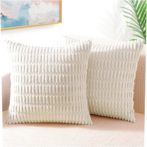 decorUhome Cream White Decorative Throw Pillow Covers 18x18 Set of 2, Soft Corduroy Striped Square Pillow Covers for Couch Living Room Bed Sofa