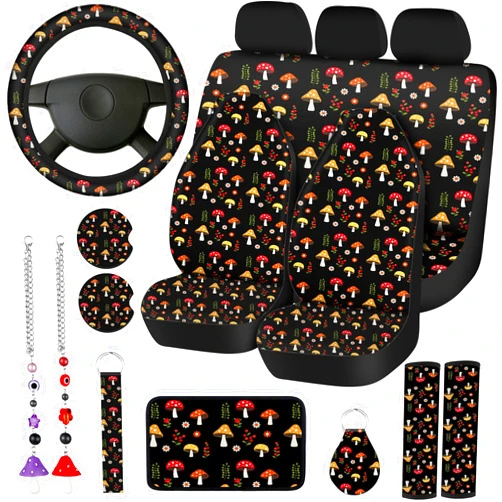 Riakrum 17 Pcs Mushroom Car Seat Covers Mushroom Car Accessories Full Set for Women Men Automotive Rear Front Seat Protector View Mirror Hanging Ornament Steering Wheel Belt (Cute Retro Mushroom)