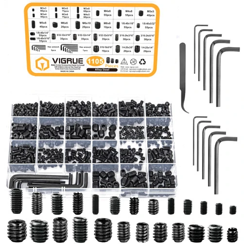 VIGRUE 1105PCS 25 Sizes Metric & SAE Set Screw Assortment Kit Internal Hex Drive Allen Grub Screws Set Cup-Point Alloy Steel, M3 to M8 and 1/8-40 to 5/16-18