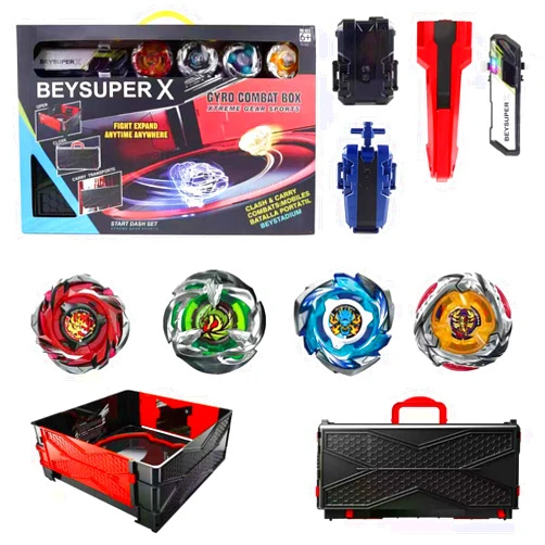 Cunjxtan Burst Gyro All in One Portable Battle Arena Set, 4 Metal Fusion Attack Spinning Tops with 2 Two-Way Launchers & 2 Handles, Gyro Blade Battling Game Toy Gift for Kids Boys Ages 6 7 8 9 10+ (CX01-4A)