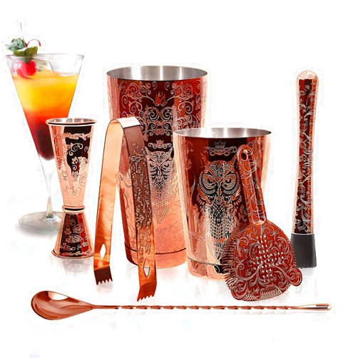 SKY FISH Bartender Kit Cocktail Shaker Set-6 Pieces Stainless Steel Copper Plated Etching Bar Tools with Boston Shaker Tins,Mixing Spoon,Mojito Muddler,Jigger,Hawthorne Strainer,Ice Tongs