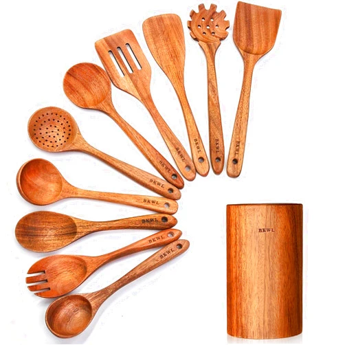 BOKAWENLUO 11 Pcs Wooden Kitchen Utensil Set with Holder, Wooden Spoons for Cooking Teak Wood Spoons, Spatulas and Serving Set