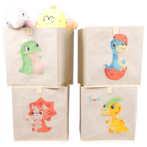 Navaris Toy Storage Boxes - Kids Bedroom Cube Baskets w/ Pull-Out Loop - Fabric Collapsible Box Drawers Unit for Shelves - Compatible with Ikea Kallax Inserts - Set of 4 Dinosaurs
