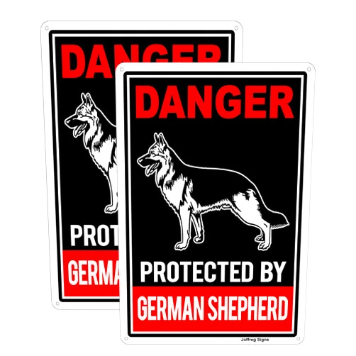 Joffreg Protected by German Shepherd Sign,Beware of Dog Sign,14 x 10 Inches,Reflective Aluminum,2 Pack