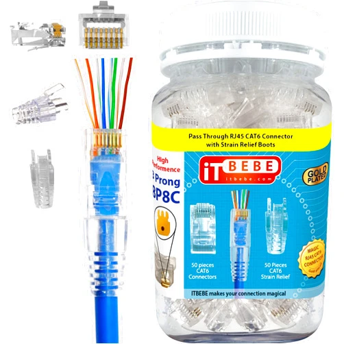 Itbebe.com ITBEBE Gold-Plated Pass Through RJ45 Cat6 3-Prong Connectors and Cable Strain Relief 50/50 Kit for Clean, Snag-Free Patch Cords (100 Pieces Total)