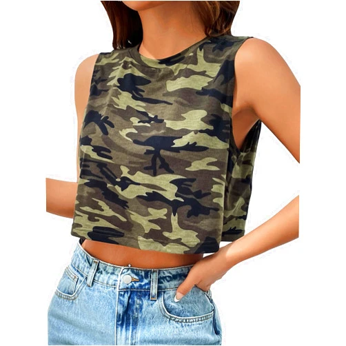 WDIRARA Women's Y2k Camo Print Crop Tank Top Sleeveless Crewneck Streetwear Top