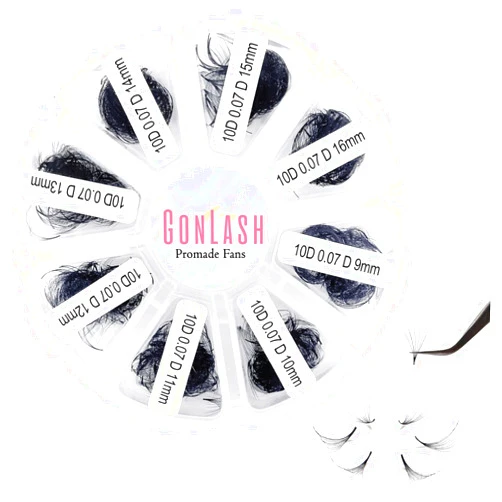 GON Designs GON Lash 1000 Fans Tray Volume Lash Extensions Mixed length | Premade Fans Eyelash Extensions | Mega Lash Extension | Promades Eyelash Fans | D Curl, 9-16mm, 3D