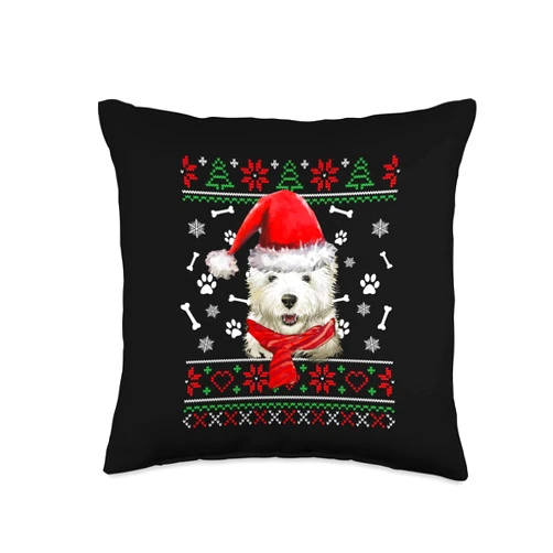 Funny Cairn Terrier Dog Owner Shirts & Gifts Ugly Sweater Christmas Cairn Terrier Dog Santa Hat Pajama Throw Pillow, 16x16, Multicolor