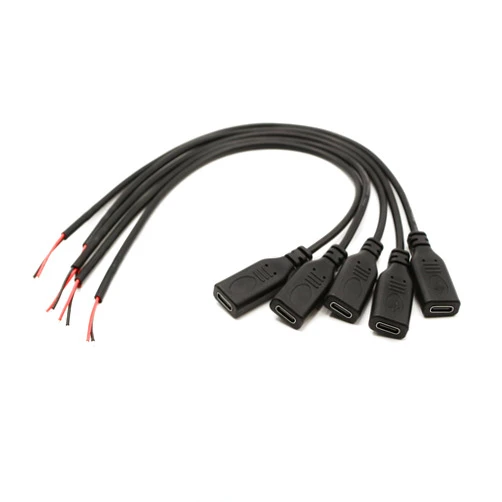 Kallaudo USB C Power Pigtail Cable 1FT 24AWG 5V 3A USB Type-C Female Plug to 2 Pin Bare Wire Open End Power Pigtail Cord DIY, Black (5Pcs)