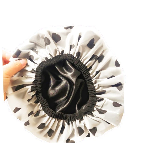 MeeShirer Summer Satin Lined Hair Cap for Shower Reusable Double Layered Shower Cap Waterproof Breathable Shower Cap Bath Cap Cute Love Heart EVA Printed Travel Headband Shower Cap (Black)