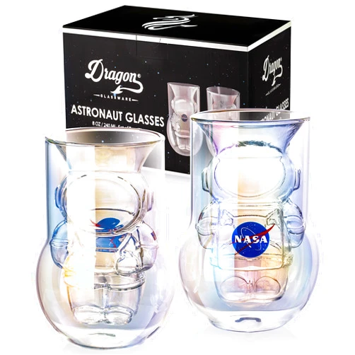 Dragon Glassware NASA Astronaut Glasses - 7 oz Set of 2 Double Wall Iridescent Drinkware with NASA symbol and Artemis Patch - Unique Glassware for Space Enthusiasts - Keeps Drinks Cold Longer