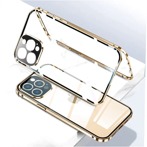 Disonbeir Case for iPhone 14 Pro,Strong Magnetic adsorption+Safety Lock Camera Lens Protector 360°Full Body Protection Double-Sided Tempered Glass Metal Bumper (Gold)