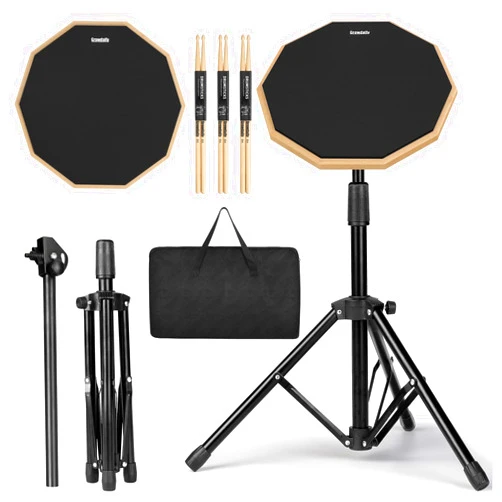 GrowDaily Drum Practice Pad Snare Drum Stand Set 12 In With Double Sided Silent Drum Pad, Drum sticks,Carrying Bag Adjustable Stand (Black)