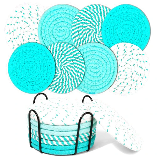 Mckanti 8 Pcs Coasters for Drink with Holder, 4 Colors Absorbent Coasters for Drinks, Minimalist Cotton Woven Coaster Set for Home Decor Tabletop Protection Suitable for Kinds of Cups, 4.3 Inches.