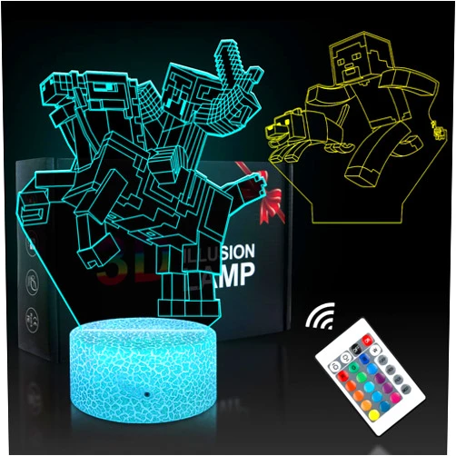 WYDCAA Minecraft Night Light 2 in 1, 3D Illusion 16 Color Changing LED Acrylic RGB Lamp, Kids Bedroom Decor, Birthday Christmas Gifts for Boys or Girls Fans
