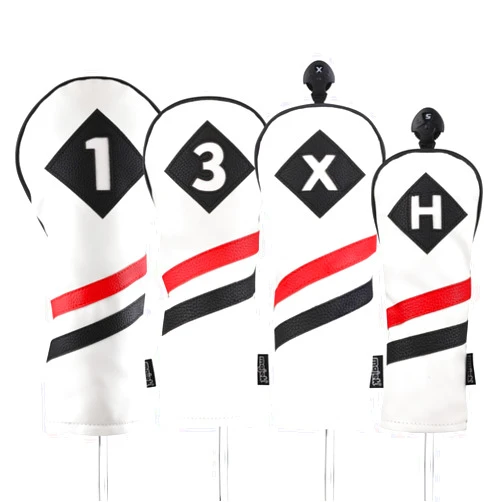 Majek Retro Golf Headcovers White Red and Black Vintage Leather Style 1 3 X H Driver Fairway and Hybrid Head Covers Fits 460cc Drivers Classic Look