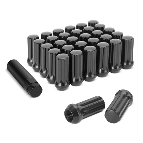 DYNOFIT 14mmx1.5 Wheel Lug Nuts, 32x Black M14x1.5 Lug Nut,Conical/Cone Bulge Seat, Closed End Long Extended XL Spline with 1 Socket Key Fits 8 Lug Aftermarket Wheels