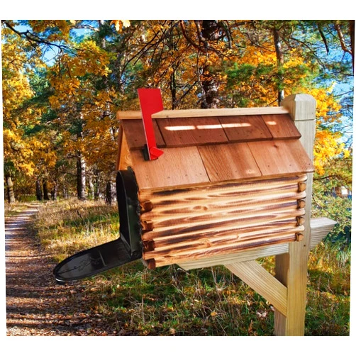 Amish Mailboxes.com Amish Mailbox - Handmade - Log Cabin Style - Wooden - With Cedar Shake Roof and Metal Box Insert