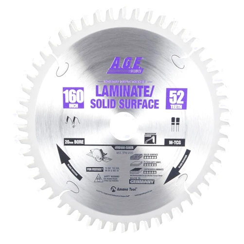 Amana Tool AGE Series MD160-528TB For Festool Track Saw Machine Carbide Tipped Thin Kerf Solid Surface/Laminate Saw Blade 160mm D x 52T M-TCG, -5 Deg, 20mm Bore