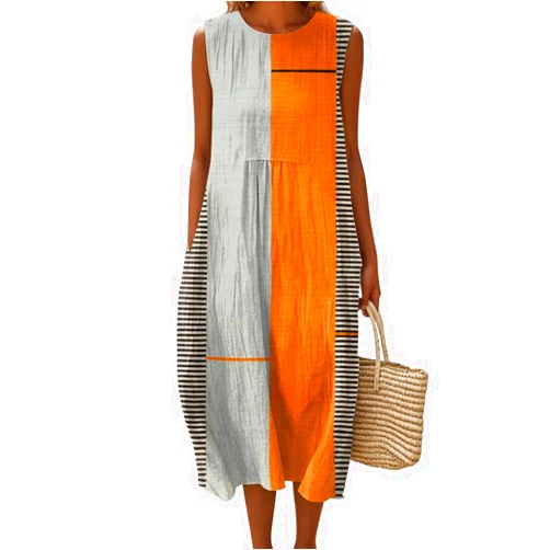 TIAFORD Women's Boho Sleeveless Cotton Linen Dress Casual Floral Midi Dress with Pockets Summer Beach Vacation Sundress