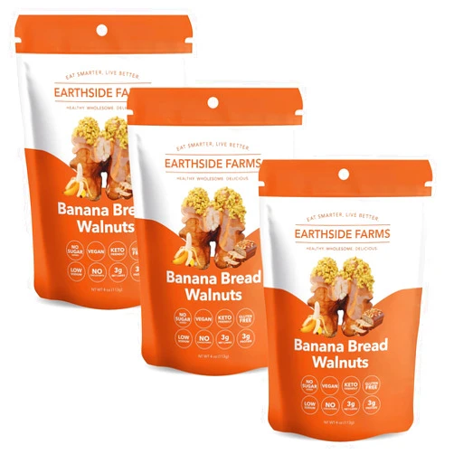 Earthside Farms Banana Bread Walnuts, Candied Walnuts, Low Sugar Keto snack, Non GMO, Plant Protein, Vegan, Whole, Natural, Superfood Healthy Snack (4 Ounce, 3 Pack)