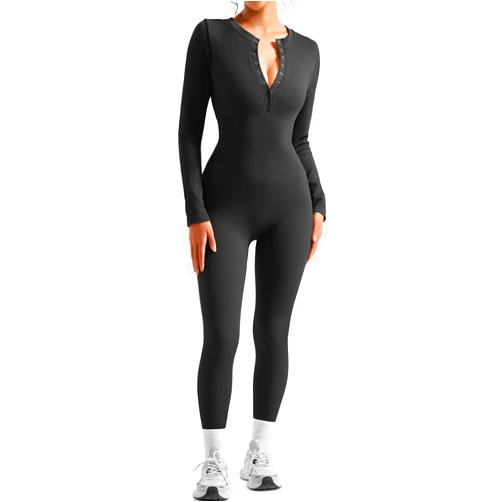 SUUKSESS Women Long Sleeve Ribbed Workout Jumpsuit One Piece V Neck Button Down Yoga Jumpsuits