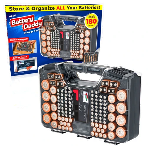 Ontel Battery Daddy Storage & Organizer Case with Tester, Stores & Protects Up to 180 Batteries, Double-Sided, Durable Design W/Clear Locking Lid, Secure Latches & Portable Carrying Handle - Charcoal