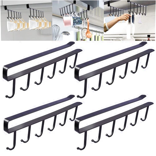 Nuchaely 4Pcs Coffee Mug Holder Under Cabinet,Coffee Cups Holder with 6 Mug Hooks,Drilling Free Adhesive Kitchen Utensils Hanging Hooks for Kitchen Utensil,Fit for 1 Inch Thickness Shelf or Less (Black)