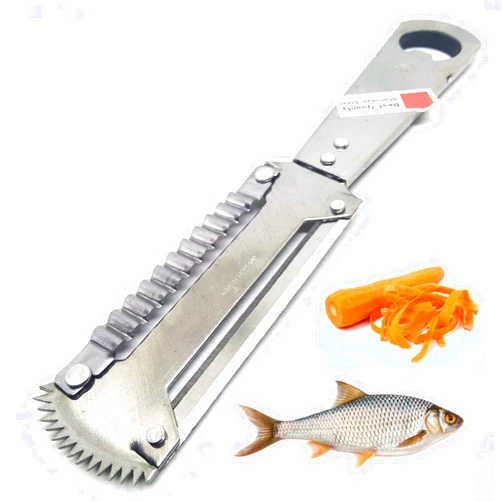 Mooninja Fish Scaler Remover Vegetable Fruit Peeler Coconut Grater Meat Cheese Scraper Apple Carrot Potatoe Slicer Stainless Steel Multifunctional Asian Cooking Kitchen Tool, Silver, 8 in (417)