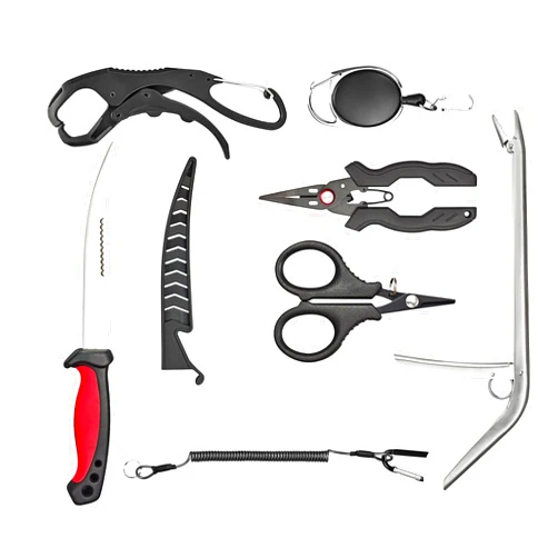 OH MY WOW Fishing Tool Kit 7 Piece Pliers, Fillet Knife, Hook Remover, Split Ring Plier, Lip Gripper, Scissors and Retractor for Saltwater and Freshwater