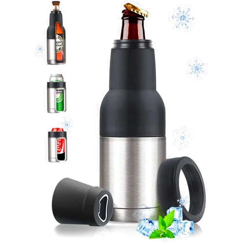 Stepstall Beer Bottle and Can Cooler with Beer Opener, 12 oz. Slim Can Beer Bottle Insulators Holder, Vacuum Insulated Double Walled Stainless Steel, Silver