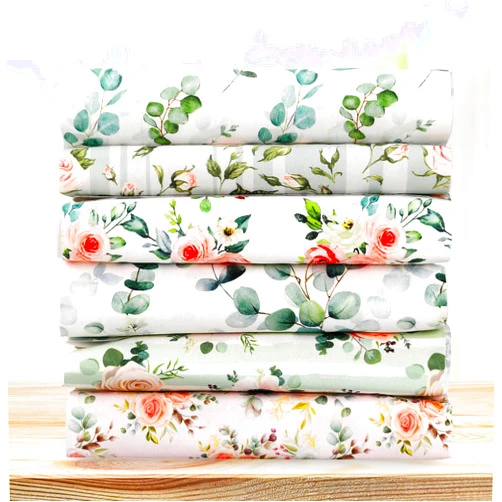 JarThenaAMCS 6Pcs Floral Cotton Fabric Bundles 18 x 22 Inch Watercolor Rose Eucalyptus Fat Quarters Green Pink Sewing Fabrics for DIY Craft Party Decor