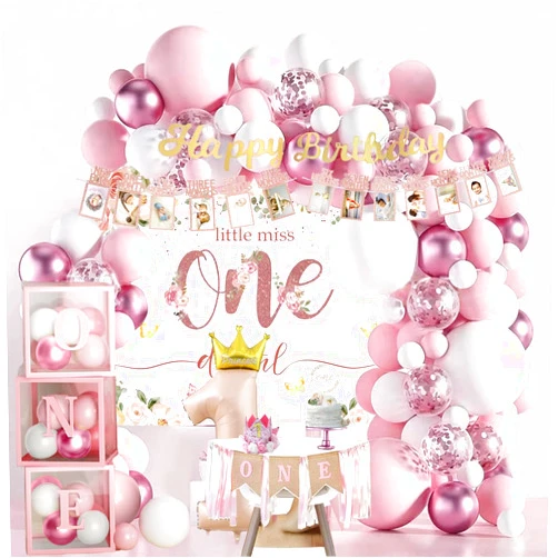 WAROVE Baby Girl First Birthday Decorations,Baby 1st Birthday Decorations for Girl,Balloon Boxes, Pink Balloons Garland Arch Kit，Backdrop, High Chair Banner, Crown, Photo Banner