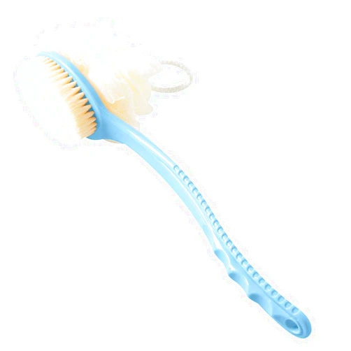 BEALUXUR 2 in 1 Shower Body Brush with Loofah Sponge & Bristles Back Scrubber, Exfoliating Bath Brush with Curved Long Handle for Wet or Dry, Women and Men, Spa Washing Puff, Blue