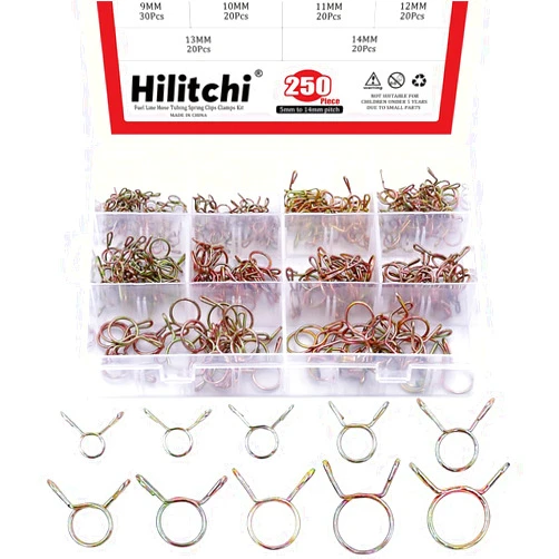 Hilitchi 250-Pcs [10 Size] Fuel Line Hose Tubing Spring Clips Clamps Assortment Kit for Motorcycle Scooter ATV - [5~14mm]