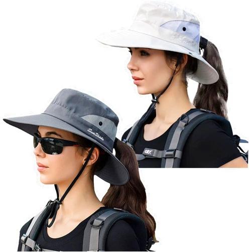 ZOORON Women's Ponytail Sun Hat UV Protection Outdoor Foldable Mesh Wide-Brim Beach Summer Fishing Hat