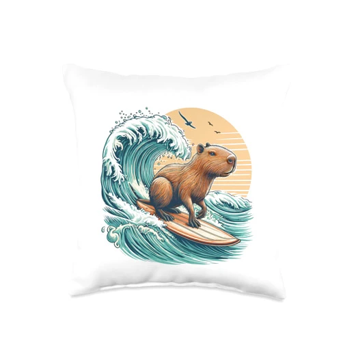 Funny Wave Capybara Surfing Rodent Respect Gifts Funny Wave Capybara Surfing Rodent Respect Animal Meme Throw Pillow, 16x16, Multicolor