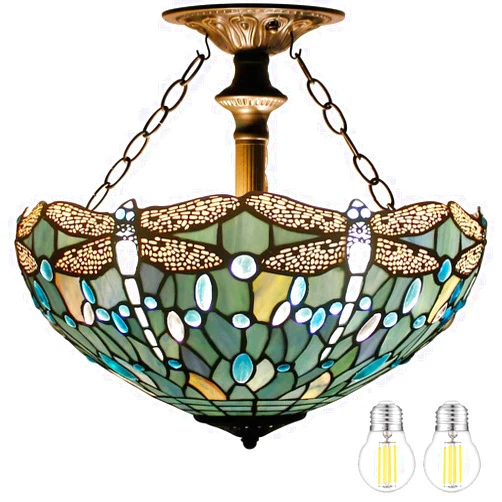 WERFACTORY Tiffany Ceiling Light Fixture Sea Blue Stained Glass Dragonfly Semi Flush Mount Lamp Wide 16 Inch Height 15 Inch Tiffany Ceiling Lamp S147 Series
