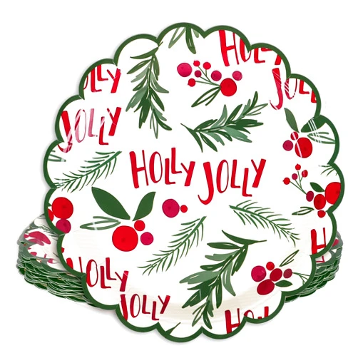 Whaline Christmas Paper Plates Holly Jolly Disposable Plates Mistletoe Scalloped Edge Xmas Dinnerware Plates 9 Inch for Winter Holiday Party Supplies Table Decor, 25Pcs
