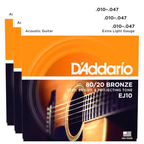 D'Addario 3 Packs of D'Addario EJ10 Bronze Acoustic Guitar Strings, Extra Light, 10-47