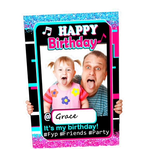 Ssailue decor TIK Tok Birthday Party Decorations-Happy Birthday Bling Photo Booth Props Music Theme Twinkle Blue Pink DIY Photo Frame for Kids Girls Boys'Birthday Party with a Marker