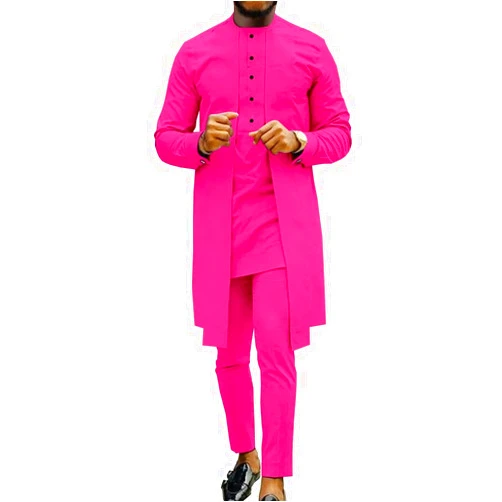XSION Men's African 2 Piece Set Shirt and Pants Traditional Ethnic Suit Long Sleeve Coat Dashiki Outfits Party Clothing (Color : Pink, Size : Medium)