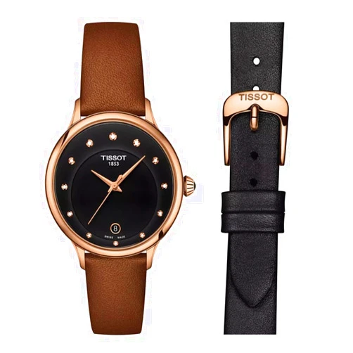 Tissot Womens Odaci-T 316L Stainless Steel case with Carnation Gold PVD Coating Swiss Quartz Watch, Brown, Leather, 15 (T1332103605600)