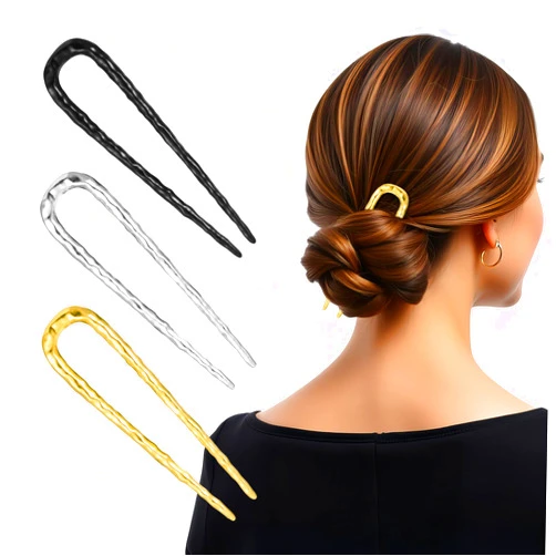 Apausvcm 3 Pcs Metal U Shape French Hair Pins for Women, Wavy Twist Hair Forks for Thick Hair Vintage 2 Long Prong Hair Sticks for Buns Women Girls Hairstyle Accessories (Black, Gold, Silver)