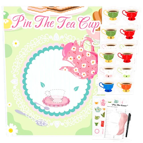 Pin the sticker game Tea Party Decorations Games Pin The Tea Cup on The Saucer Funny Game for Garden Floral Tea Birthday Party School Classroom Lets Par Tea Party Supplies