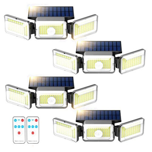 Mokot Solar Lights Outdoor, 218LEDS 2500LM Solar Motion Sensor Outdoor Lights, 3 Head IP65 Waterproof Solar Powered Flood Security Lights for Outside Backyard Garage, Pack of 4（Black）