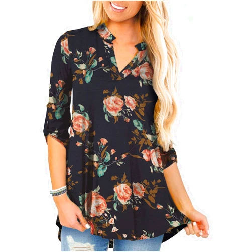 a.Jesdani Women's Plus Size Tops 3/4 Roll Sleeve Shirts V Neck Blouses Tunic Top