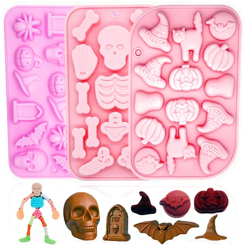 LLchunyun Halloween Silicone Molds For Baking,3 Pack Halloween Molds For Chocolate Candy Molds Silicone Pumpkin Skull Mold Cake Skeleton Mold Ghost Bat Silicone Mold Halloween Party Cupcake Topper Decorating