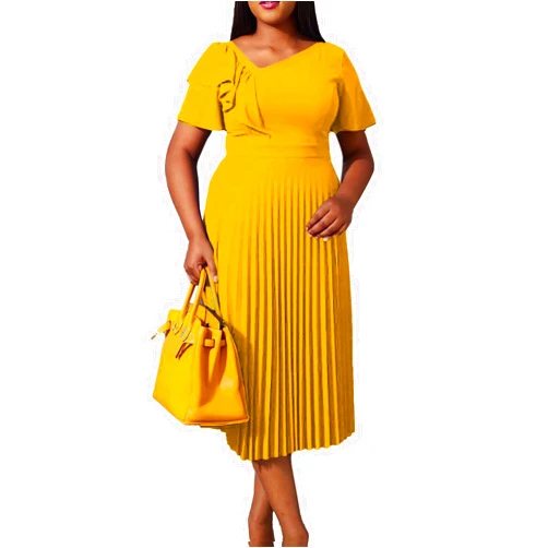 Rooscier Women's Ruffle Short Sleeve Pleated Asymmetrical Neck A Line Elegant Midi Dress Yellow Small