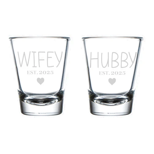 MIP Set of 2 Shot Glasses 1.75oz Shot Glass Gift Husband And Wife Wedding Engagement For Couple Hubby & Wifey